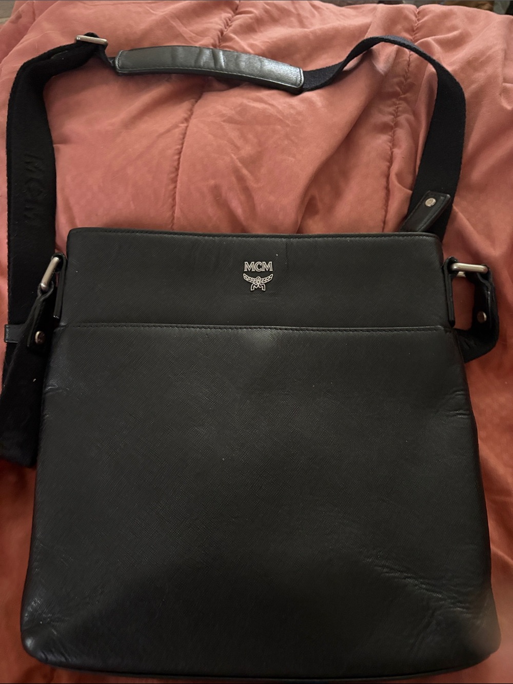 MCM Black Leather Messenger Crossbody Bag